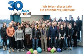 stadtmobil Karlsruhe-Team feiert 30 Jahre stadtmobil Karlsruhe. 30 Jahre Jubiläums-Logo 