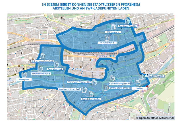 Diese Karte zeigt das Pforzheimer stadtflitzer-Bediengebiet und die darin enthaltenen Stadtwerke Pforzheim Ladepunkte
