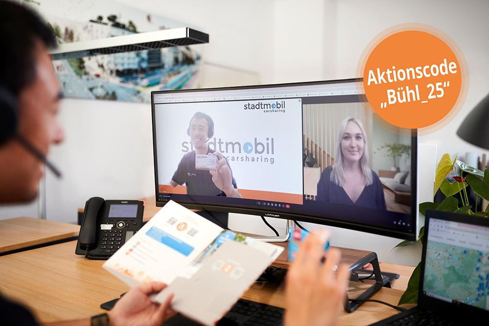 Anmeldesituation vor dem PC, rechts oben Hinweis auf Aktionscode "Bühl_25"